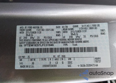 2020 Ford F-150 Xl из США, поврежденный, VIN 1FTEW1E57LFC31946